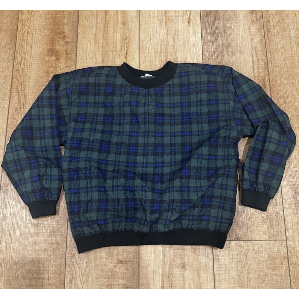 VTG Izod‎ Golf Pullover Mens Medium Blue Green Plaid Windbreaker Water Resistant